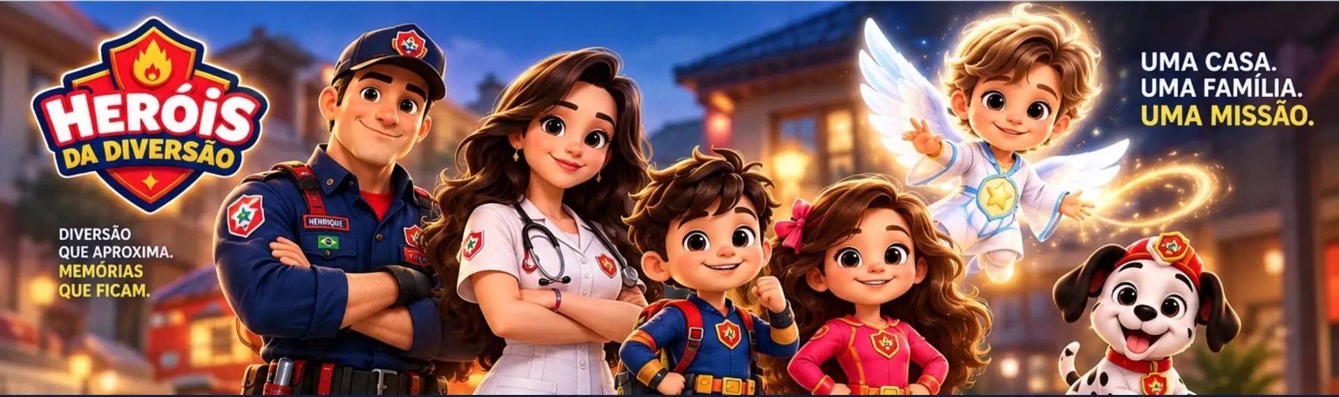 Família de heróis do universo original Heróis da Diversão, com o Chama e o escudo oficial
